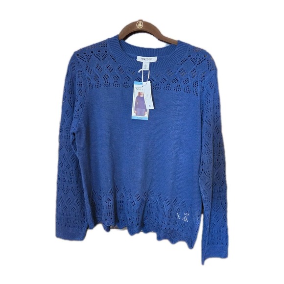 Nine West Jeans Sweaters - Nine‎ West Sweater Womens Large Blue Knit Scalloped Pattern Navy Crochet New